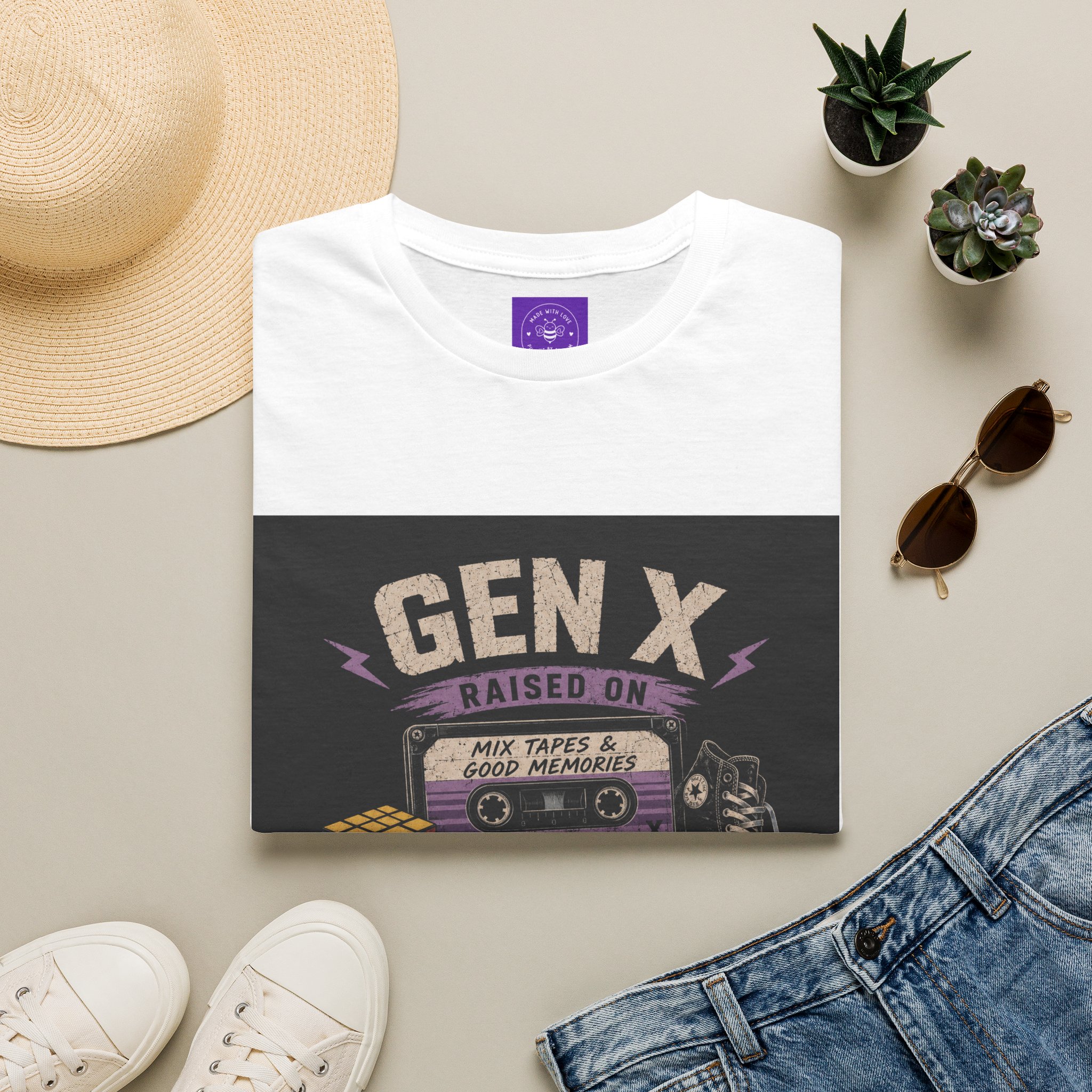 Gen X Raised on Mix Tapes T-Shirt retro vintage tee celebrating cassette tapes, good memories, and Generation X music nostalgia.