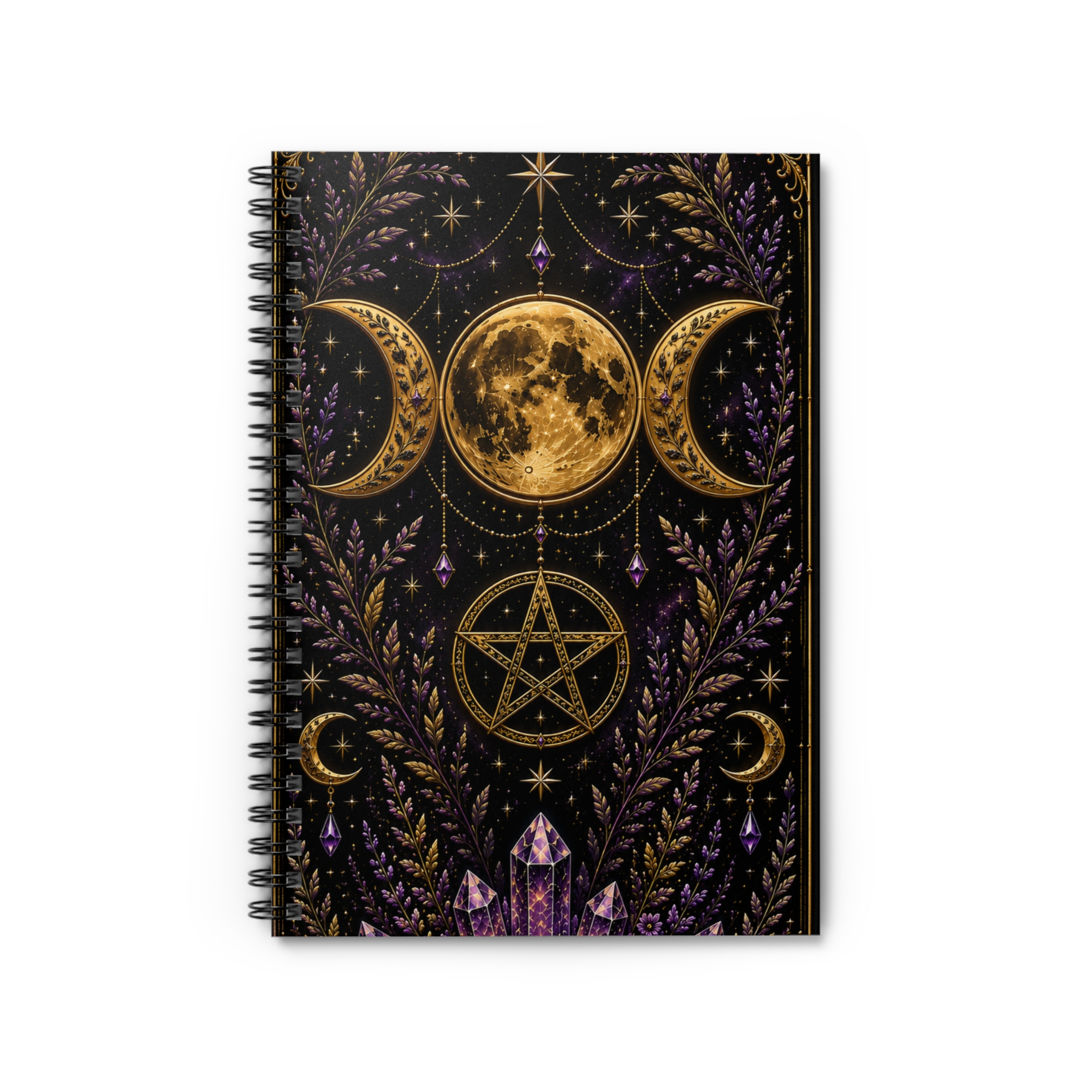 Witchy Moon Phases Spiral Notebook gold triple moon pentagram ruled journal