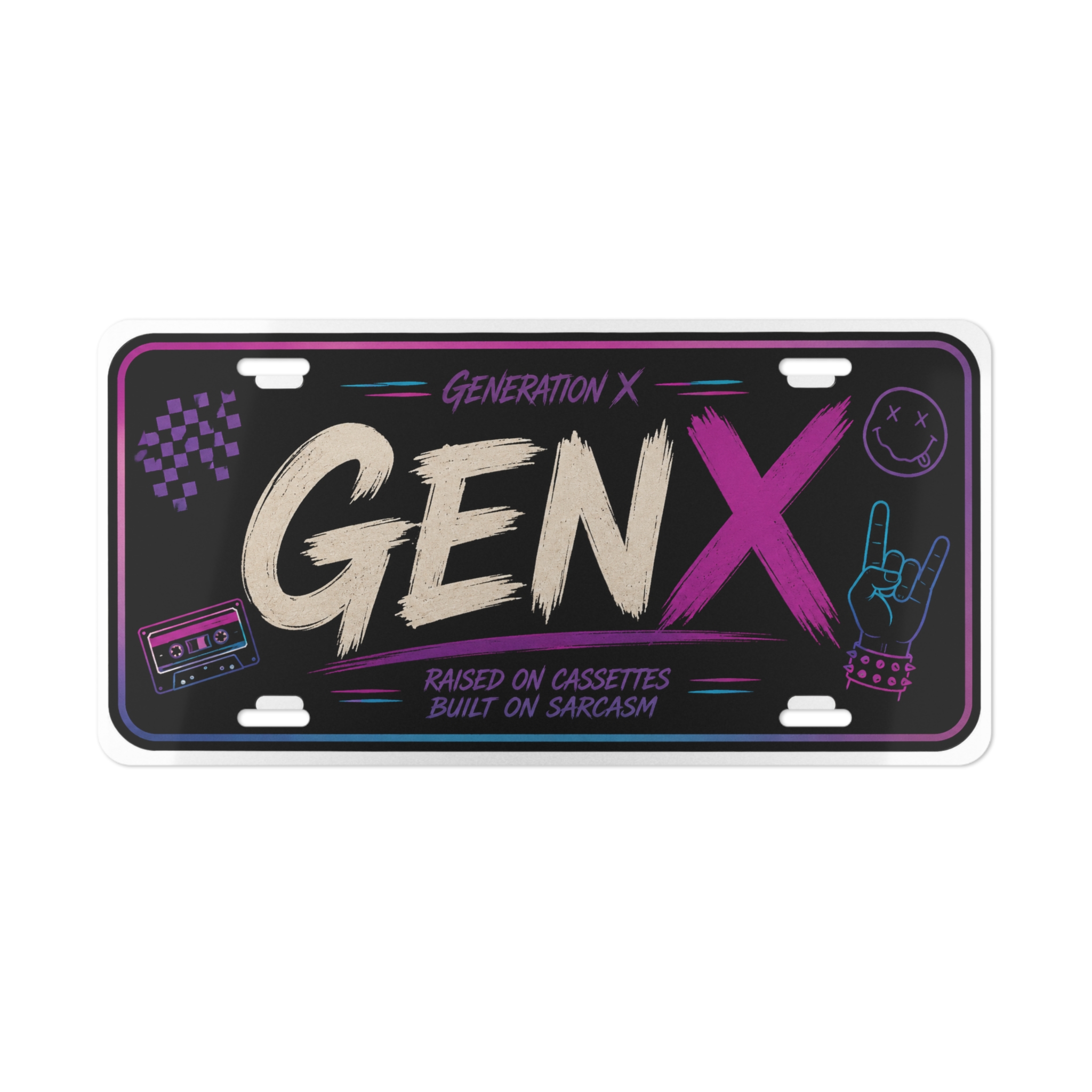 Gen X Vanity Plate raised on cassettes built on sarcasm retro license plate for Generation X fans.