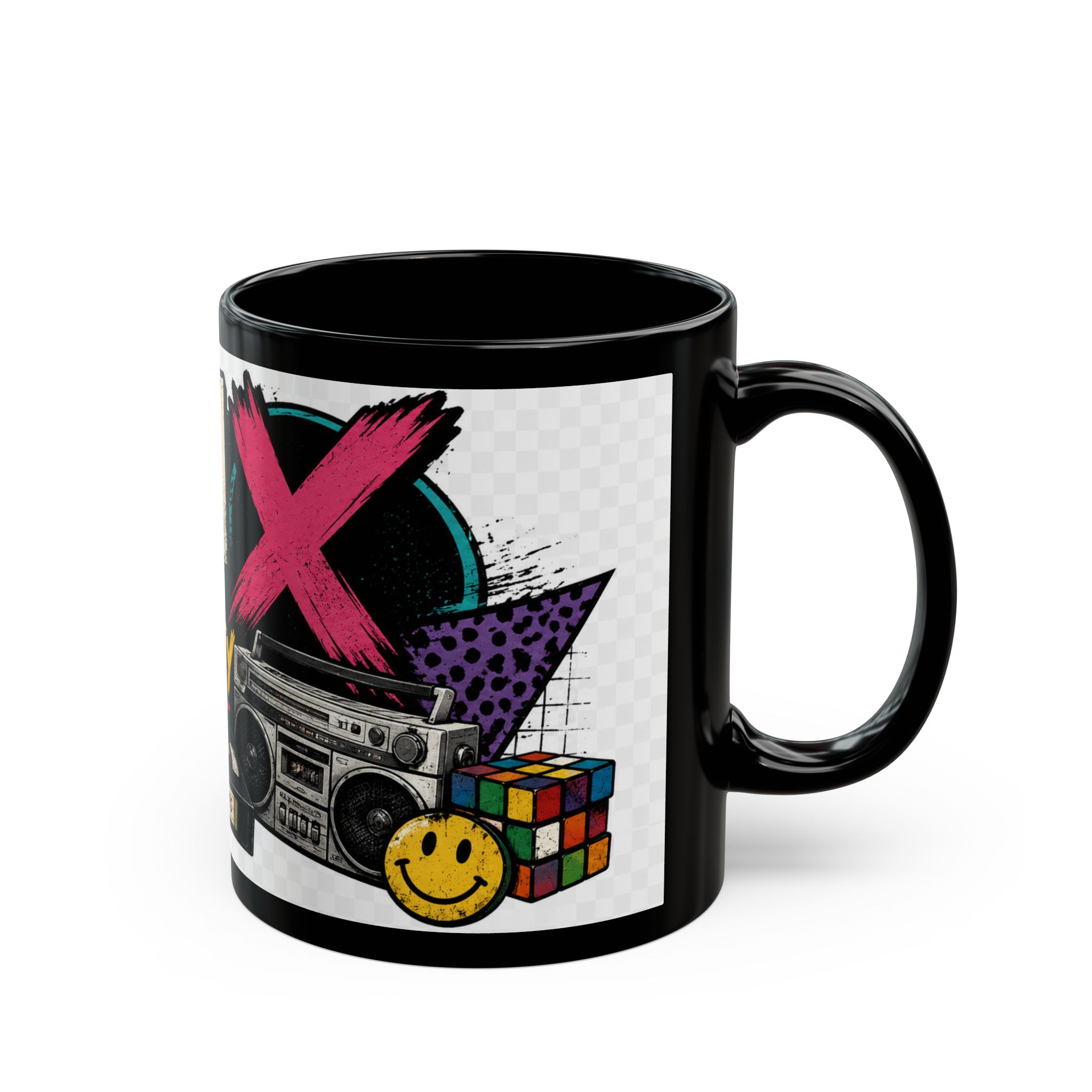 Generation X Retro Mug – Raised on Reality Awesome 80s Boombox & Rubik's Cube Coffee Cup - Image 2