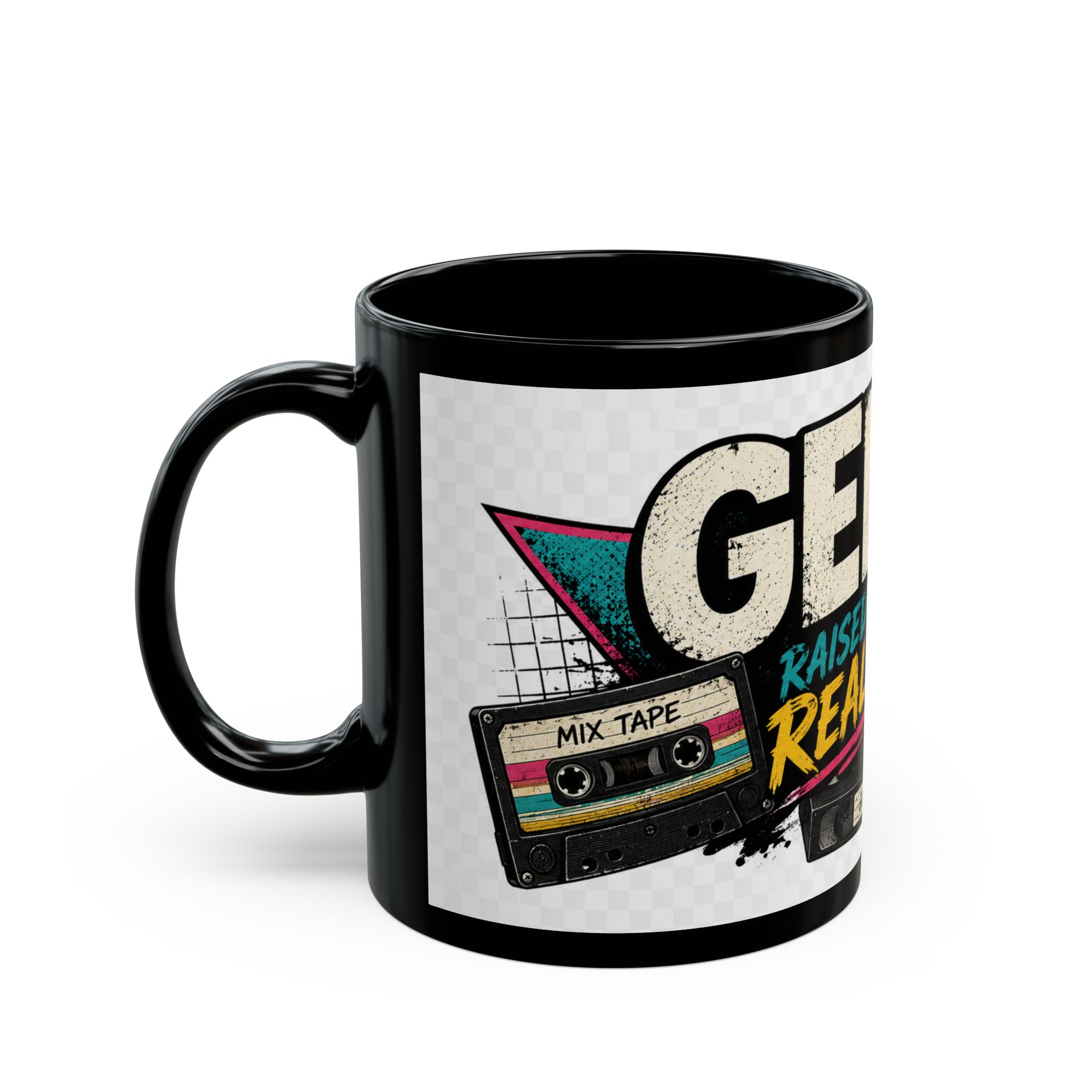 Generation X Retro Mug – Raised on Reality Awesome 80s Boombox & Rubik's Cube Coffee Cup - Image 3