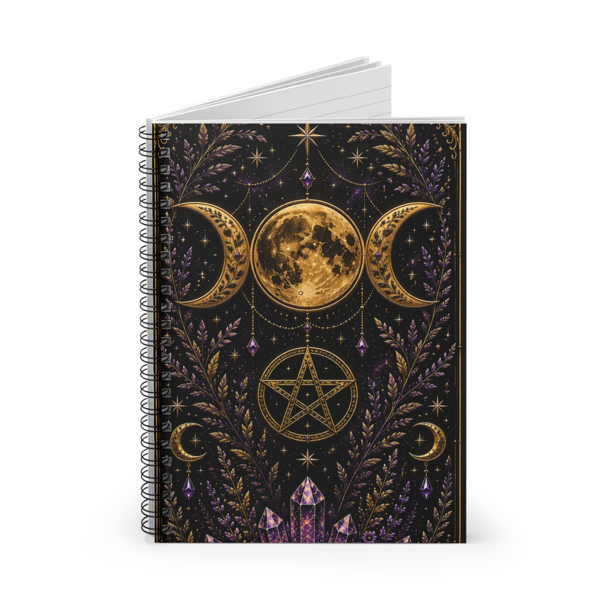 Witchy Moon Phases Spiral Notebook – Gold Triple Moon Pentagram Journal 2026 - Image 2