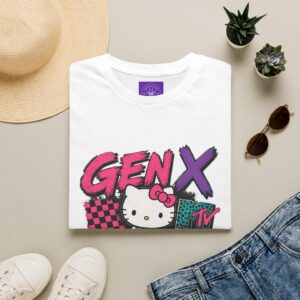 Gen X Hello Kitty Retro T-Shirt featuring retro 80s and 90s MTV-inspired graphics on a white t-shirt.