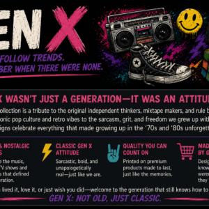 Gen X collection graphic featuring retro 1980s and 1990s nostalgia including a boombox, mixtape, smiley face, Rubik's cube and vintage sneakers representing Generation X culture and lifestyle.