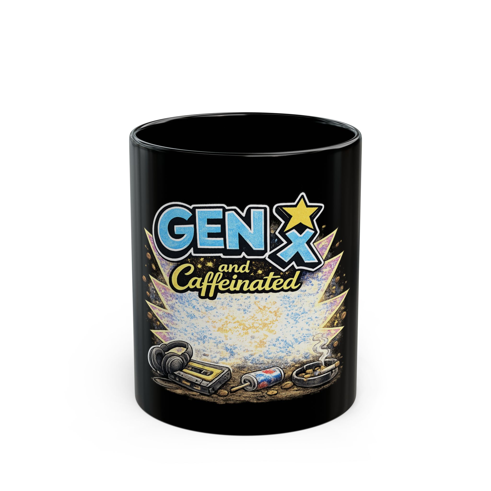 Gen X and Caffeinated Black Mug Retro Gamer Coffee Cup for Generation X