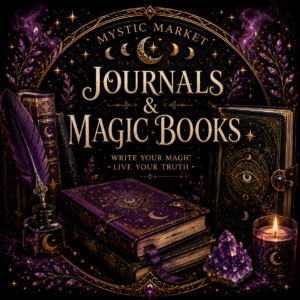 Journals and Magic Books Mystic Market category with mystical books crystals candle and feather