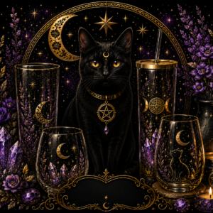 Glassware and Tumblers Mystic Market category with black cat mystical glasses crystals and candles