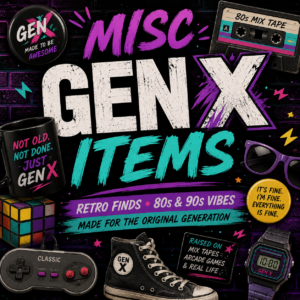 Miscellaneous Gen X gifts, collectibles, mugs, accessories, and retro items inspired by the 80s and 90s.