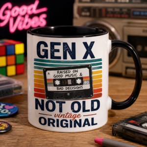 Gen X inspired mug with retro cassette tape design, colorful vintage style, and nostalgic coffee cup display