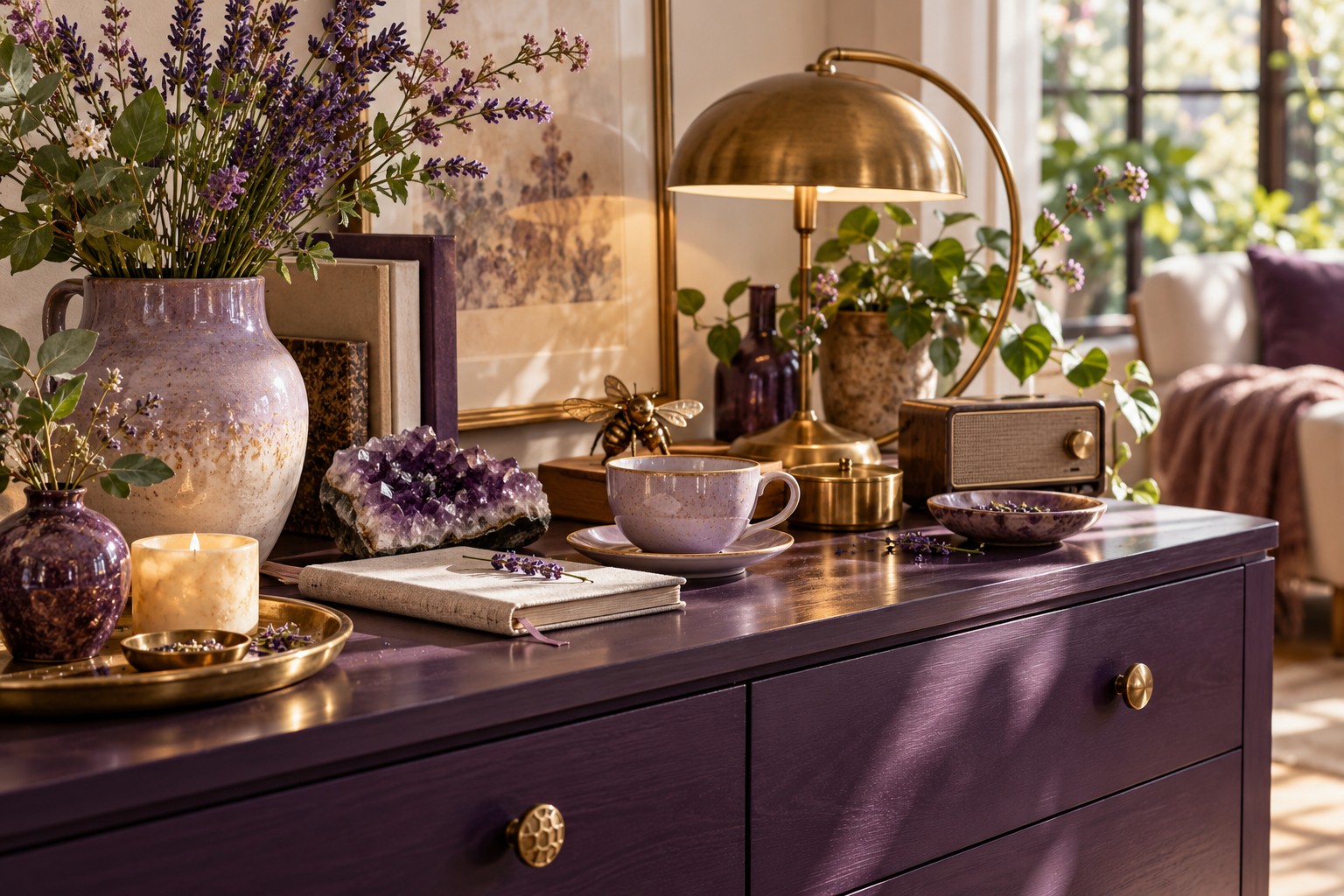 Lavender ceramics, amethyst, a journal and a brass lamp on a purple cabinet
