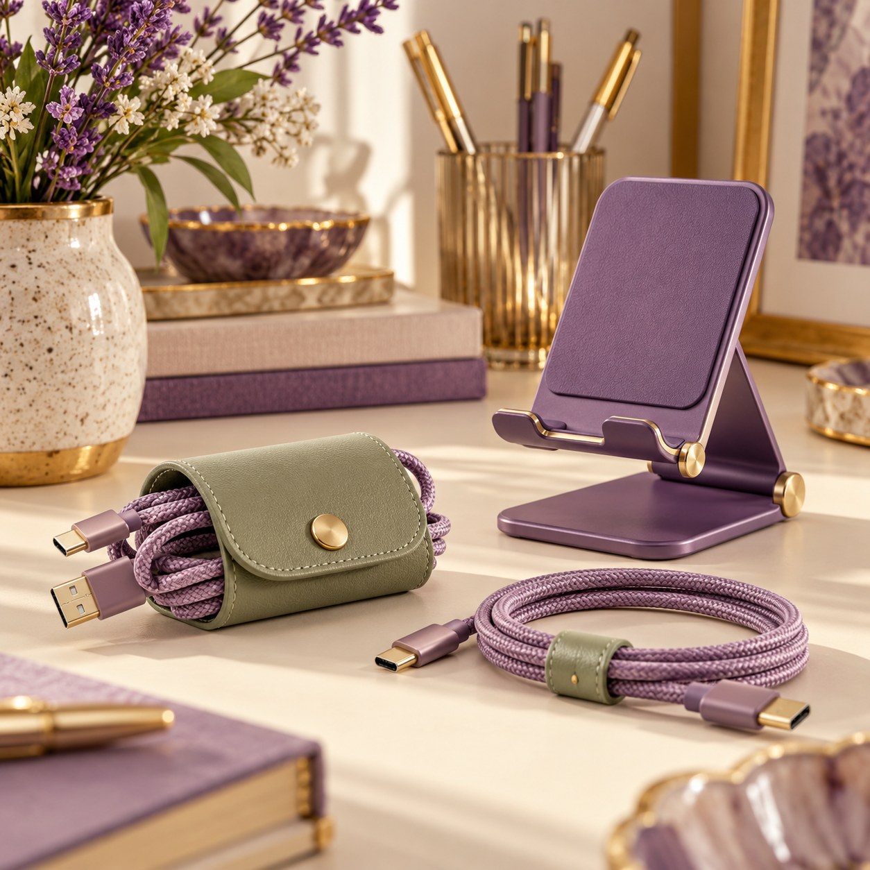 Purple phone stand and neatly organized cables