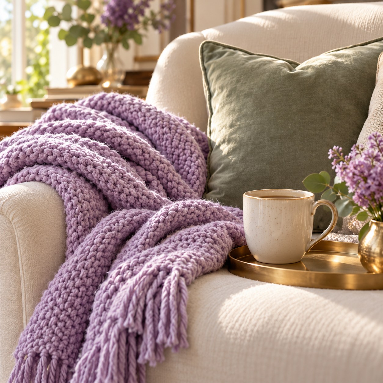 Lilac knitted throw, sage cushion and a warm drink