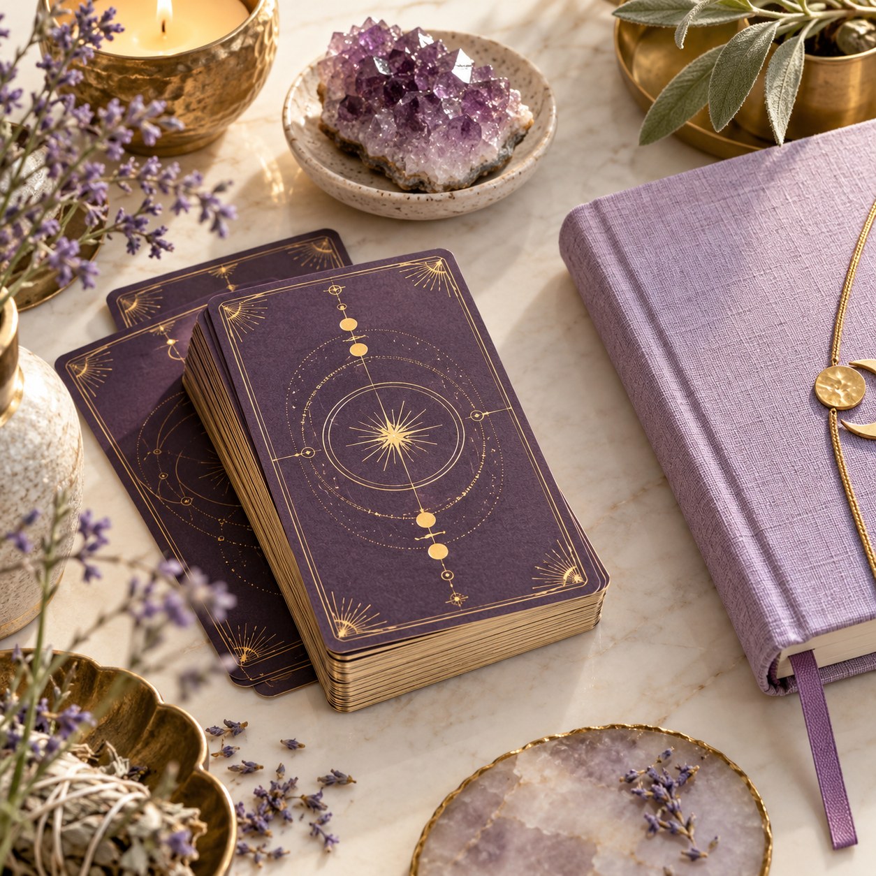 Tarot cards, a lavender journal and an amethyst crystal