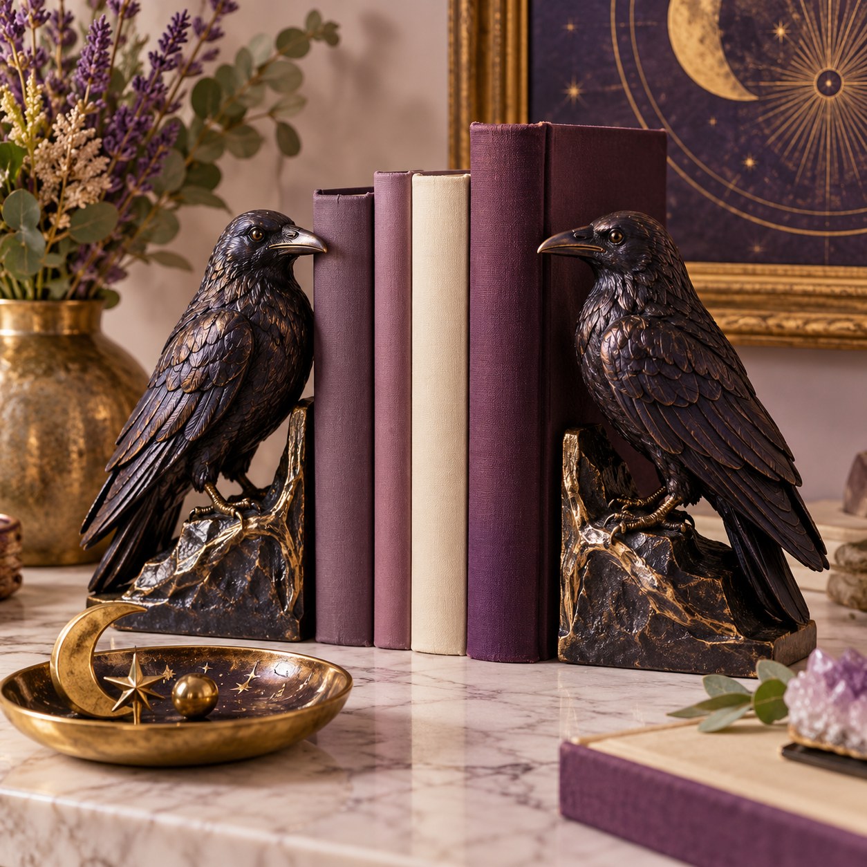 Raven-shaped bookends and a celestial trinket dish