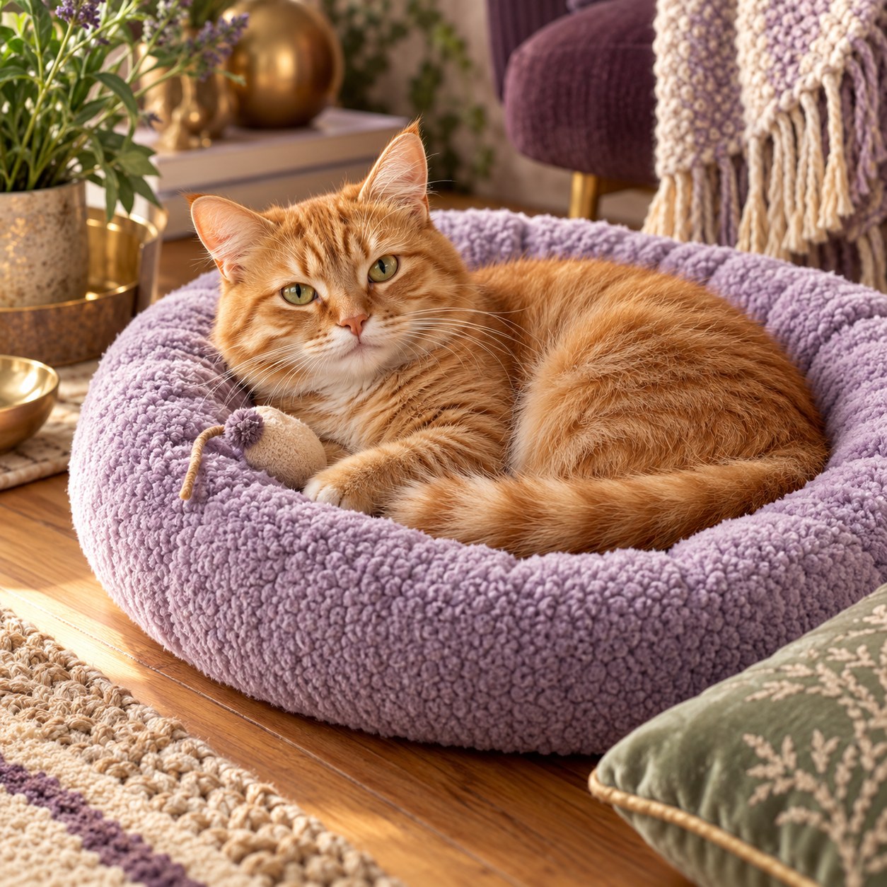 Ginger cat resting in a lavender pet bed
