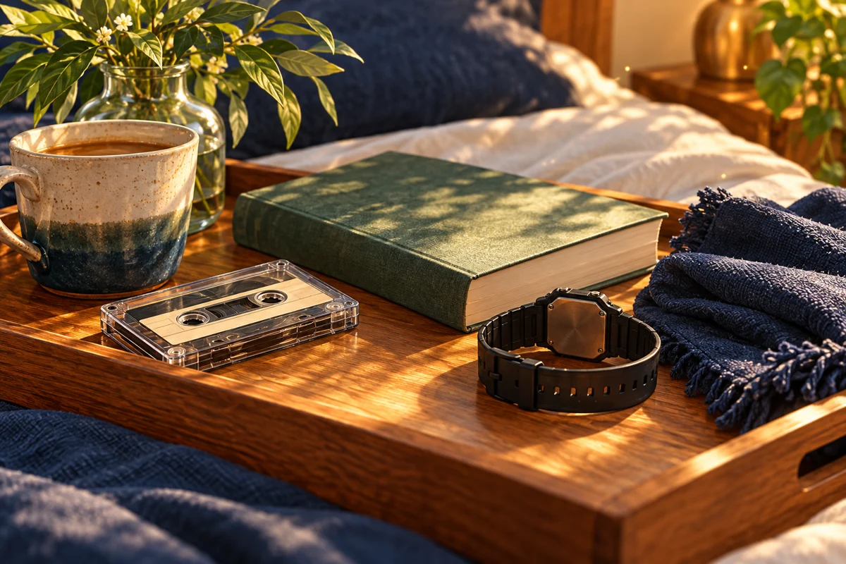 Illustrative retro bedside tray with a generic black watch, cassette and book.