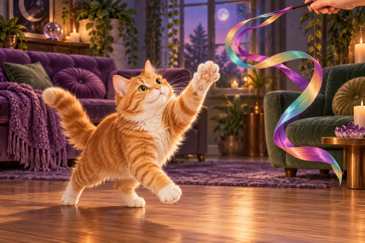 Illustrative ginger cat reaching for a generic colorful fabric wand toy in a cozy room.