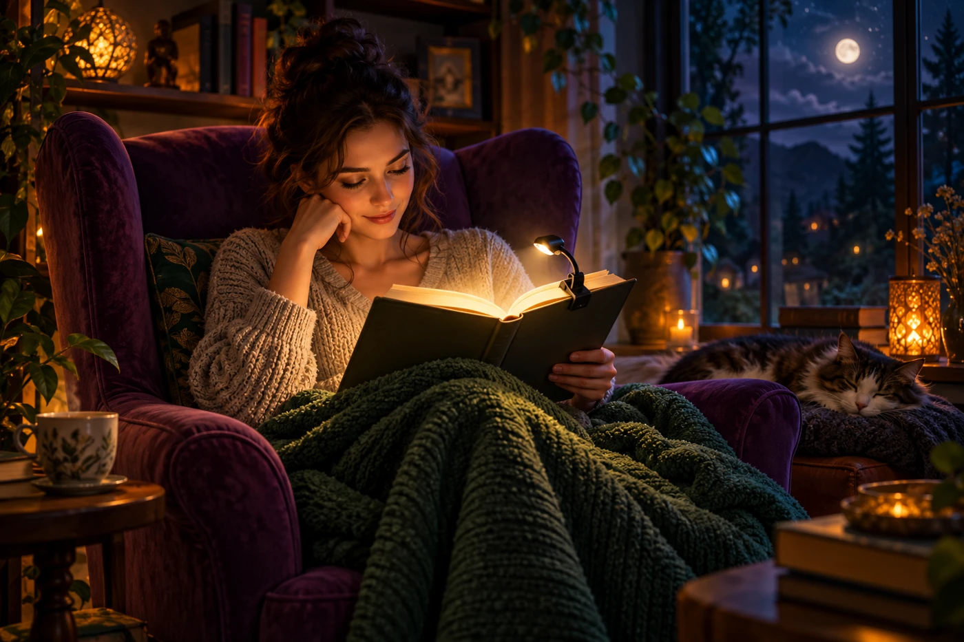 Symbolic artwork of a reader in a purple armchair with a generic light clipped near an open book.