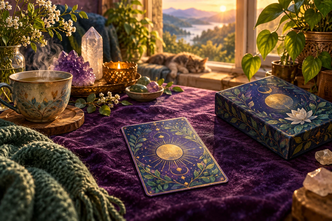 Symbolic artwork shows a generic face-down oracle card, closed card box and warm tea on a plum table.