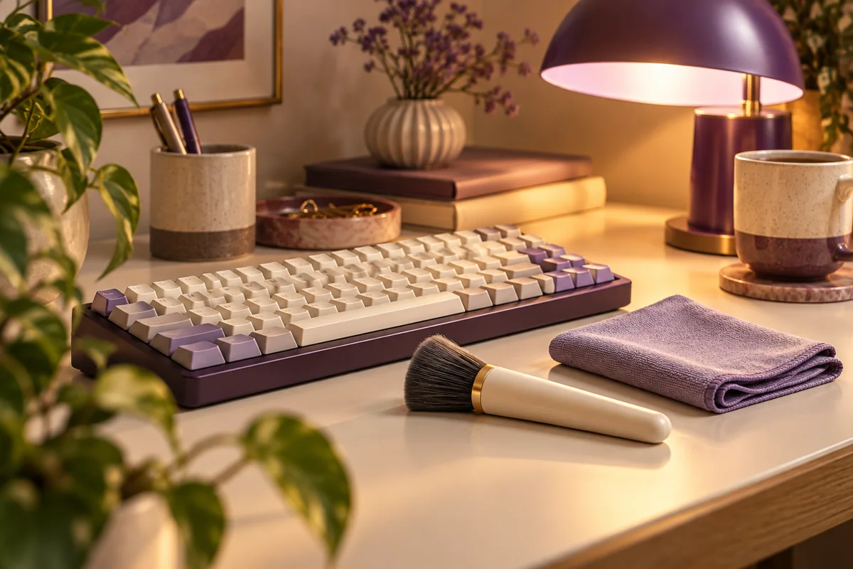 Illustrative desk scene with a keyboard, generic cleaning brush and folded cloth.